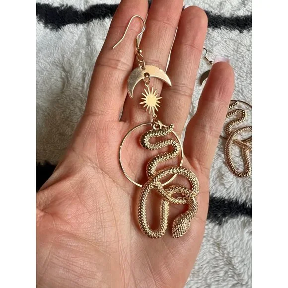 LAST ONE! Gold Moon Serpent Snake Earrings - Picture 1 of 3